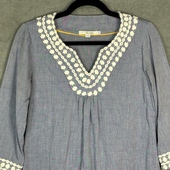 Boden Top Womens 4 Blue Chambray Embroidered Boho Beach Preppy Coastal Resort - Picture 2 of 11